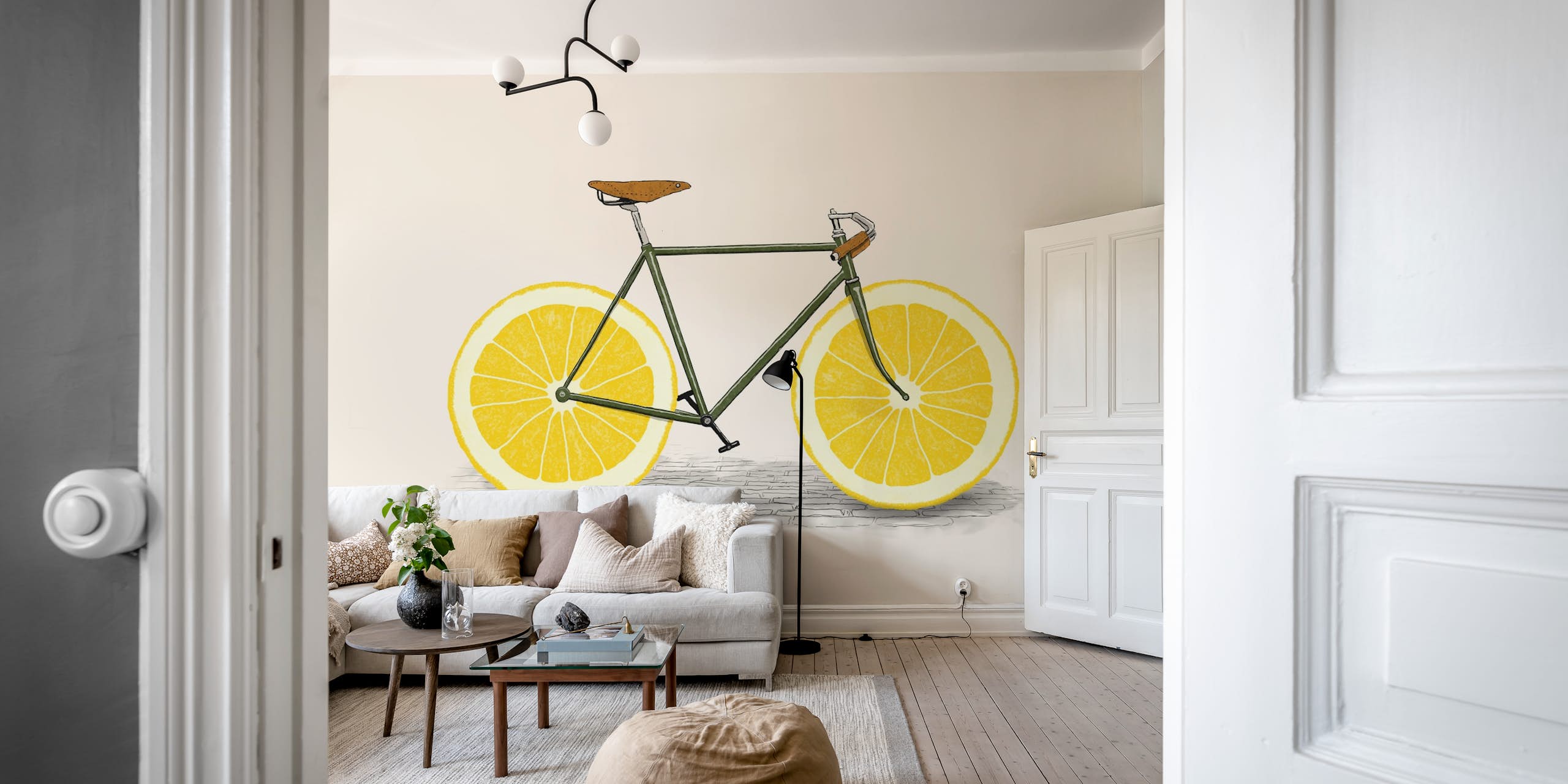 Tapete mit zitronengelbem Fahrrad in einem Zimmer